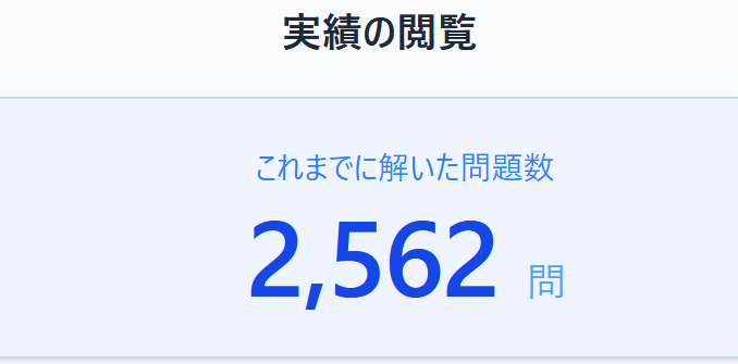 実績の閲覧画面。これまでに解いた問題数 2,562問